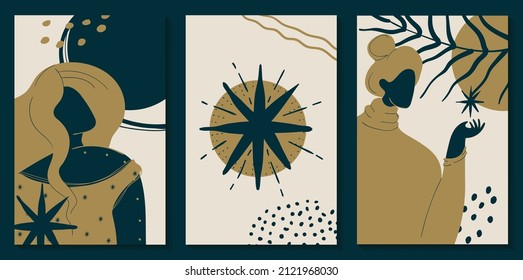 Posters print in boho style, interior design, social media design. Women with plants and abstraction