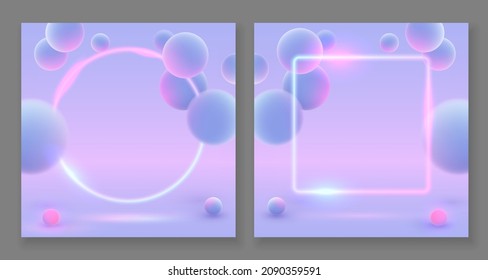 Afiches con marco de neón morado, círculo, cuadrado con bolas realistas azules y luminosas rosadas en fondo azul claro abstracto para publicidad, web, afiche. Ilustración vectorial. 