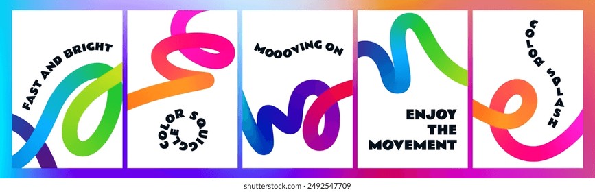 Posters with Rainbow Colored Gradient Lines. Abstract Dynamic Colorful 3d Shapes on White Background