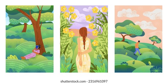 Afiches con gente relajada. Personajes libres e inspirados caminando, leyendo un libro, disfrutando de la soledad y de vistas panorámicas a la naturaleza. Pancartas con hermosos paisajes. Dibujo vectorial plano de dibujos animados