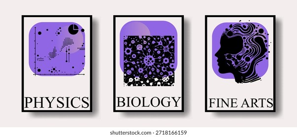 Posters representing physics, biology, and fine arts with geometric shapes, organic patterns, and a human profile in black and purple tones. Conceptual vector illustration for science, education.
