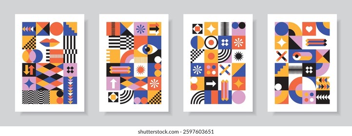 Posters in retro bauhaus flat style. Abstract card set. Colored designs with simple geometric shapes. Seamless pattern collection. Vector illustration.