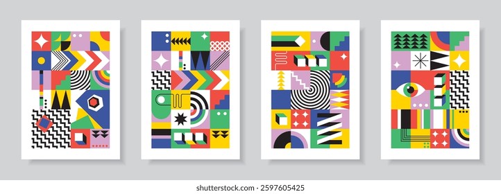 Posters in retro bauhaus flat style. Abstract card set. Colored designs with simple geometric shapes. Seamless pattern collection. Vector illustration.