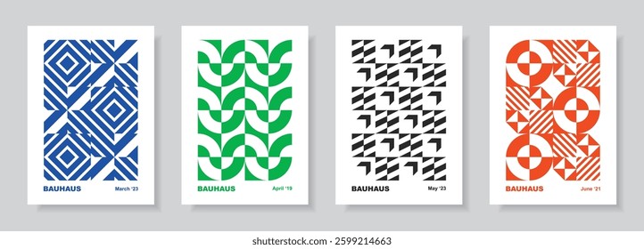 Posters in retro bauhaus flat style. Abstract geometric cards. Designs with simple shapes. Seamless patterns. Vector illustrations. 