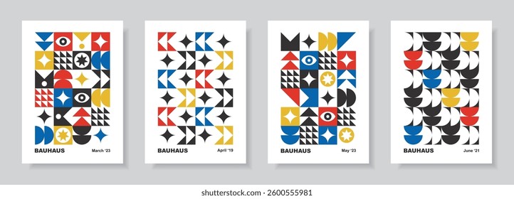 Posters in retro bauhaus flat style. Abstract card set. Colorful designs with simple geometric shapes. Seamless pattern collection. Vector illustration.
