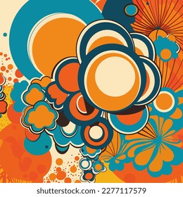 Posters in retro style of the 70s, Flowers, circles, abstraction and psychedelic patterns. Bright and warm color palette, shades of orange, yellow, green and pale blue