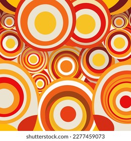 Posters in retro style of the 70s, Flowers, circles, abstraction and psychedelic patterns. Bright and warm color palette, shades of orange, yellow, green and pale blue