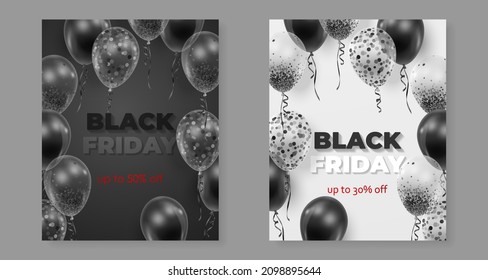 Posters for Sale, Black Friday with black and transparent balloons with confetti and text, letters on white and black background. Vector Holiday illustration for web, design, arts, advertising.