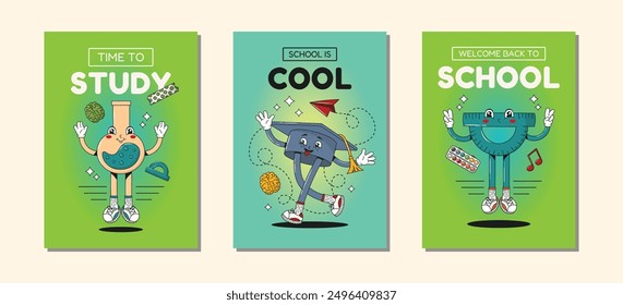 Posters for school, college, notebook. Back to school poster collection. Funny educational posters or banners with groovy retro stationery characters or mascots and blue green gradient backgrounds.