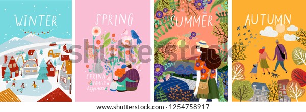季節のポスター 冬 春 夏 秋 自然の家族のイラスト 風景の女の子 花の中に猫を持つ家族 スケート場の街並み 人々 のベクター画像素材 ロイヤリティフリー