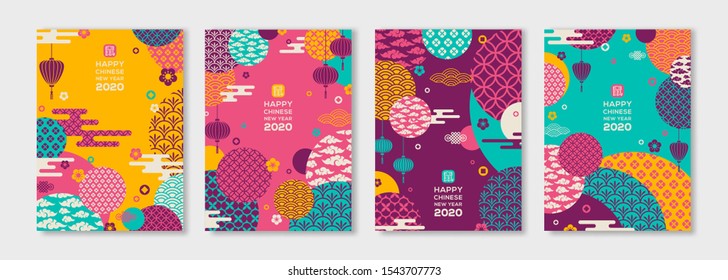 Posters Set for 2020 Chinese New Year. Symbol in Stamp means Rat. Vector illustration. Clouds, Lanterns and Asian Patterns in Modern Style, Geometric Ornate Shapes. Place for your Text.