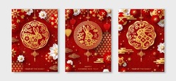Posters Set 2023 Chinese New Year. Hieroglyph Translation Lunar Rabbit. Vector Illustration. Asian Clouds, China Lantern, 3d Paper Cut Flowers On Red Background. Place For Text. Gold Pattern Card