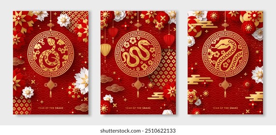 Posters Set 2025 Chinese New Year. Lunar Snake character. Vector illustration. Asian Clouds, China Lantern, 3d Paper cut Flowers on Red Background. Place for Text. Gold Pattern Card