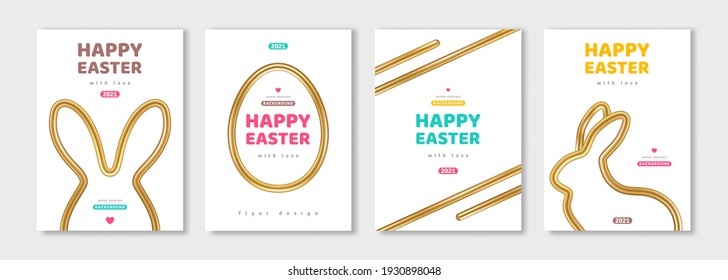 Posters set with abstract bunny and egg silhouettes, shiny gold frames and borders. Vector illustration. Holiday banner, flyer or greeting voucher, brochure design template layout. Place for text.