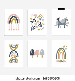 Posters set for baby girl. Prints for nursery. Designs collection for baby girl. Magic, unicorn, ice cream, unicorn, flowers. Cute hand drawn vector illustrations.