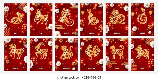 Posters Set for Chinese New Year Calendar, 12 Zodiac animals. Vector illustration. Asian Lanterns, 3d Paper cut Flowers, Red Background. Lunar horoscope, rabbit, dragon logo, snake icon, horse, goat svg