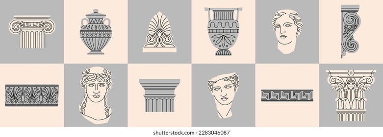 Posters set with classical architectural details, sculptures and reliefs. Ancient Greek and Roman art concept. Prints can be used as stickers, icons, highlights etc. Hand drawn vector illustrations