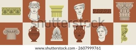 Posters set with classical architectural details, sculptures and reliefs. Ancient Greek and Roman art concept. Prints can be used as stickers, icons, highlights etc. Hand drawn vector illustrations