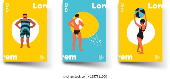 Posters set with colorful summer swimming pool people 