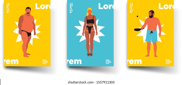 Posters set with colorful summer swimming pool people 