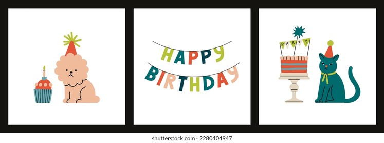 Posters set with cute animals, Birthday cupcake and a paper garland. Can be used in poster, invitation or greeting card design. Happy Birthday lettering, party concept. Hand drawn vector illustrations