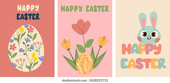 Posters set with cute bunny and chicken, spring flowers and colored eggs. Vector flat illustration. Holiday banner, flyer or greeting voucher, brochure design.