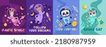 Posters set with different sign slogans and cute animals astronauts in space suits. Hand drawn vector illustration for children print design, nursery invitation, notebook cover or greeting cards.