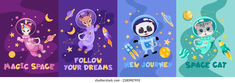 Carteles con diferentes consignas y astronautas de animales lindos vestidos con trajes espaciales. Ilustración vectorial dibujada a mano para niños diseño de impresión, invitación a guarderías, portada para portátiles o tarjetas de felicitación.