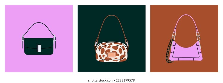 Posters set with different stylish handbags. Shoulder and crossbody bags, leather and textile. Fashion and lifestyle. Hand drawn colorful vector illustrations. Trendy shapes and colors.