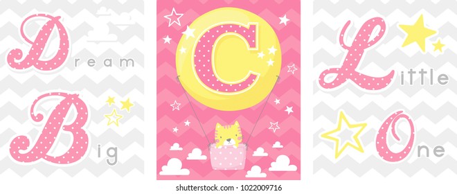 posters set of dream big little one slogan with baby cat and balloon with initial c. can be used for nursery art decor, newborn baby decoration and baby shower