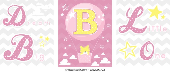 posters set of dream big little one slogan with baby cat and balloon with initial b. can be used for nursery art decor, newborn baby decoration and baby shower