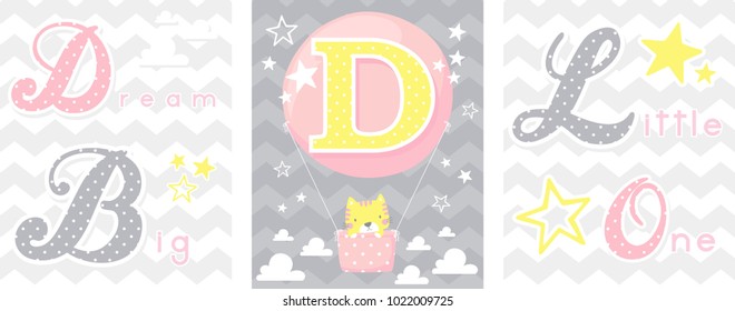 posters set of dream big little one slogan with baby cat and balloon with initial d. can be used for nursery art decor, newborn baby decoration and baby shower