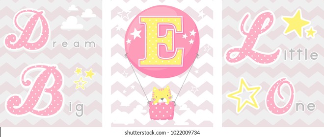 posters set of dream big little one slogan with baby cat and balloon with initial e. can be used for nursery art decor, newborn baby decoration and baby shower