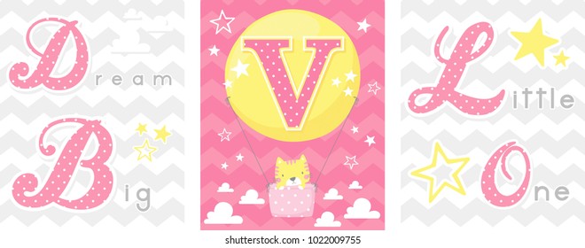 posters set of dream big little one slogan with baby cat and balloon with initial v. can be used for nursery art decor, newborn baby decoration and baby shower