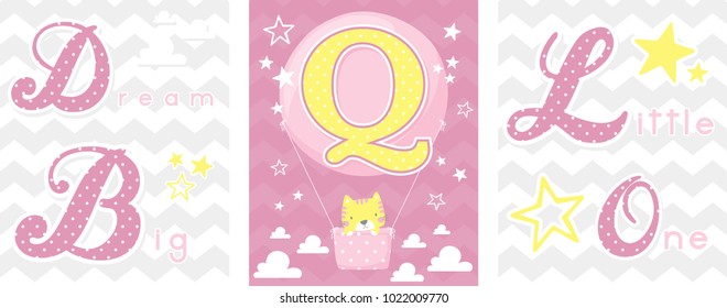 posters set of dream big little one slogan with baby cat and balloon with initial q. can be used for nursery art decor, newborn baby decoration and baby shower