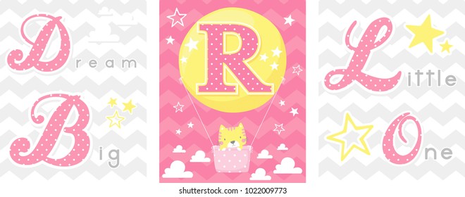 posters set of dream big little one slogan with baby cat and balloon with initial r. can be used for nursery art decor, newborn baby decoration and baby shower
