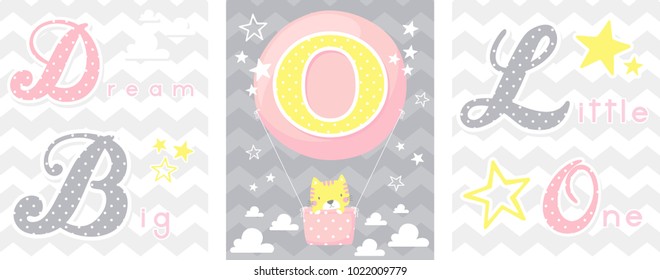 posters set of dream big little one slogan with baby cat and balloon with initial o. can be used for nursery art decor, newborn baby decoration and baby shower