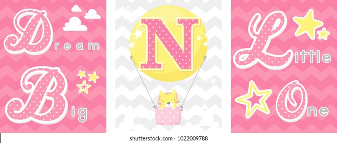 posters set of dream big little one slogan with baby cat and balloon with initial n. can be used for nursery art decor, newborn baby decoration and baby shower