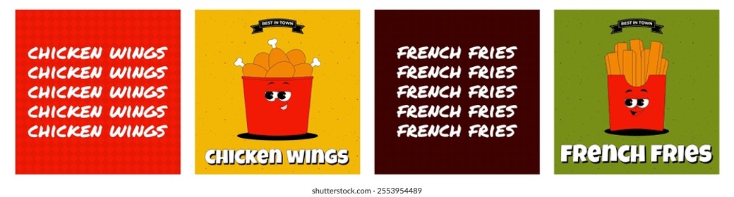 Posters set with funky character chicken thighs and french fries in retro groovy style. Banners with psychedelic street food. Best in town. Vector flat illustration