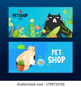 Posters set of funny cats with text label. Vector background templates. Ad poster designs for pet shop, clinic or else.