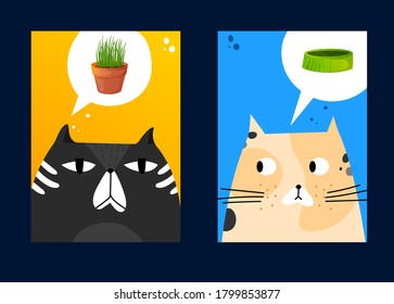 Posters set of funny cats with thought bubbles. Vector background templates. Ad poster designs for pet shop, clinic or else.