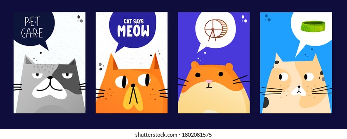 Posters set of funny cats with thought bubbles. Vector background templates. Ad poster designs for pet shop, clinic or else.