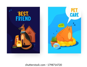 Afiches de mascotas graciosas con etiqueta de texto. Plantillas de fondo de vectores. Diseño de afiches publicitarios para tiendas de mascotas, clínicas u otros.
