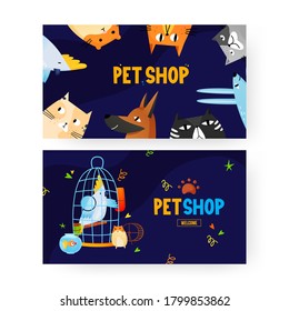 Posters set of funny pets with text label. Vector background templates. Ad poster designs for pet shop, clinic or else.
