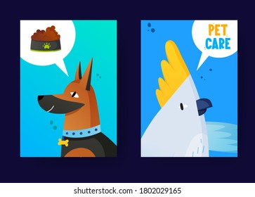Posters set of funny pets with text label. Vector background templates. Ad poster designs for pet shop, clinic or else.