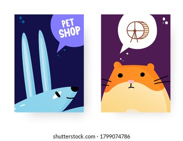 Posters set of funny pets with thought bubble. Vector background templates. Ad poster designs for pet shop, clinic or else.