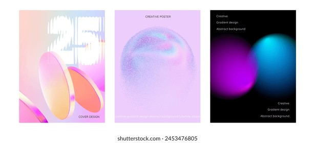 Carteles engastados con gradiente, ruido, Formas abstractas borrosas. Fondo negro de bola de malla fluida. Discos de vidrio rosa gradiente bg. Círculo holográfico futurista. Vector póster, volante, Plantilla, portada, Web.