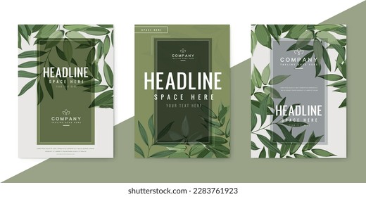 Posters set with green leaves. Design template for company organic bio logo, natural and eco products, cosmetic, pharmacy, medicine. Vector EPS10