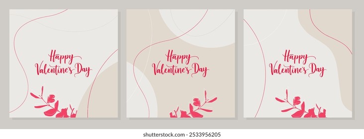 Posters set of Happy Valentines Day , brochure, flyer templates, organic abstract shape drawing, boho style hand drawn design, simple wallpaper. 