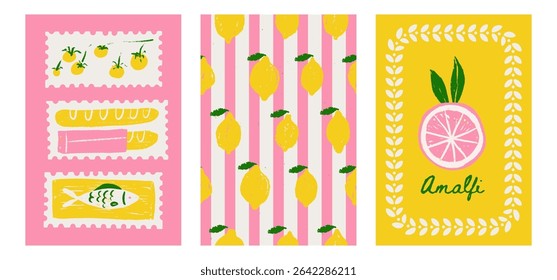 Posters set inspired by Italy featuring lemon, tomatoes, fish, bread, , and striped background. Mediterranean food, culture, and travel themed graphic. Textured hand drawn naive vector illustration.